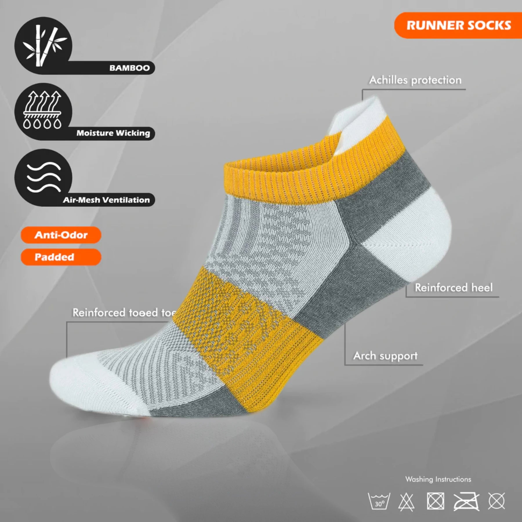 Bamboo light grey athletic arch support sock Grey, tech info