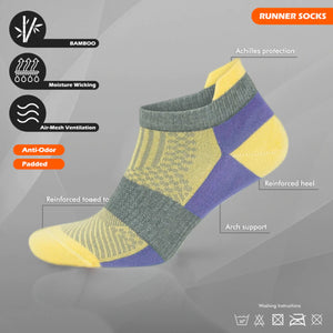 Bamboo lilac athletic arch support sock, with tech details