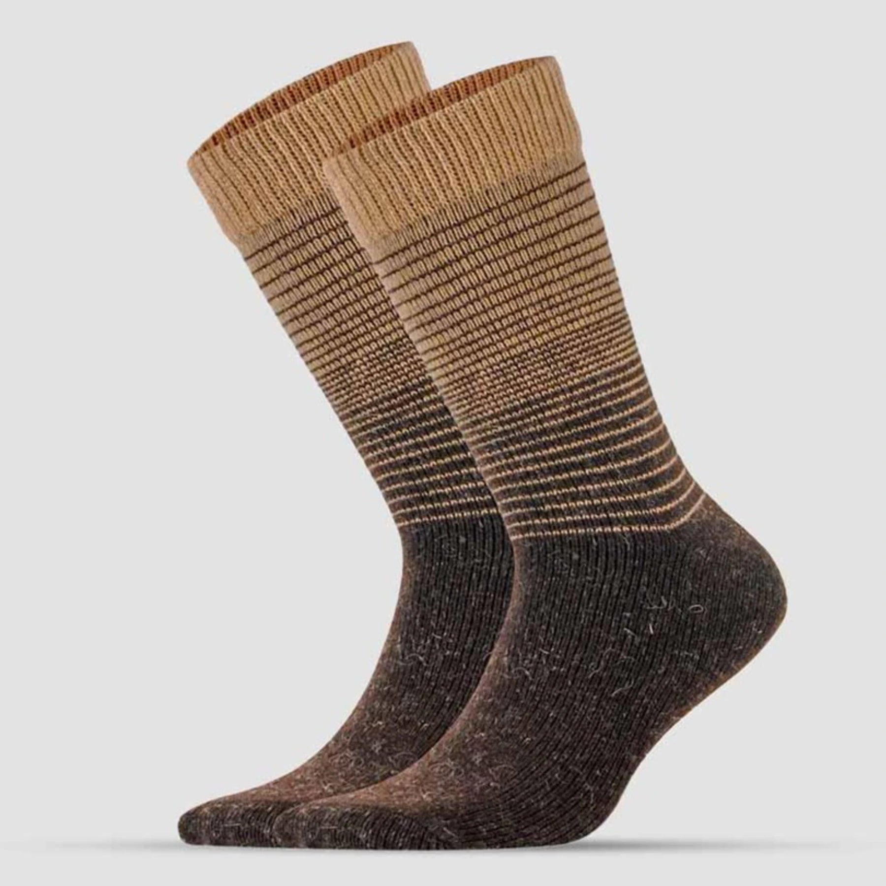 A pair of brown Alpaca and merino wool socks with a beige stripe