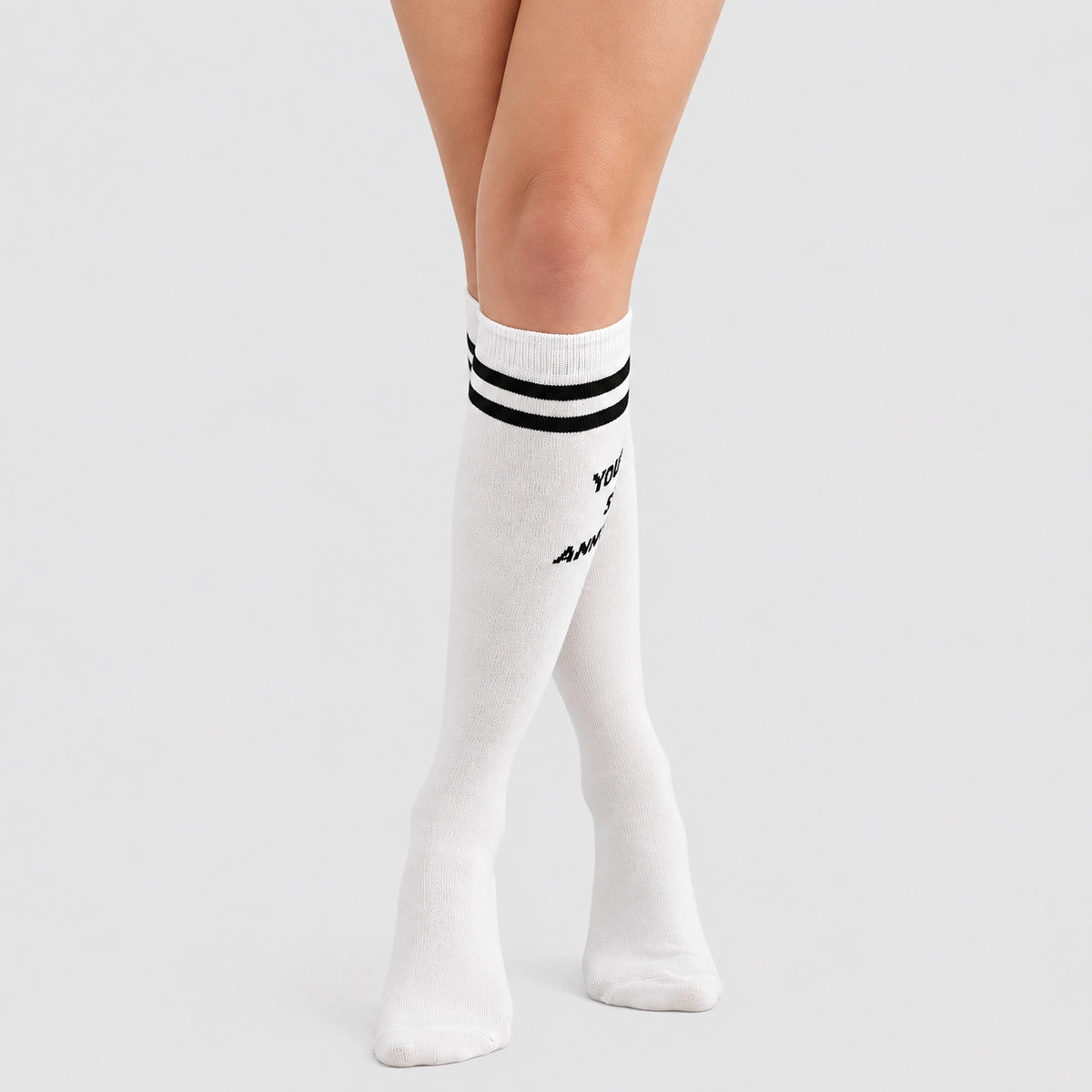 image of woman wearing knee high white sock with slogan you are so annoying