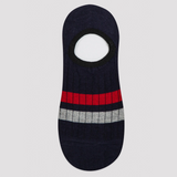 Navy no-show socks with red and grey stripe