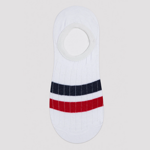 White no-show socks with red and navy stripe