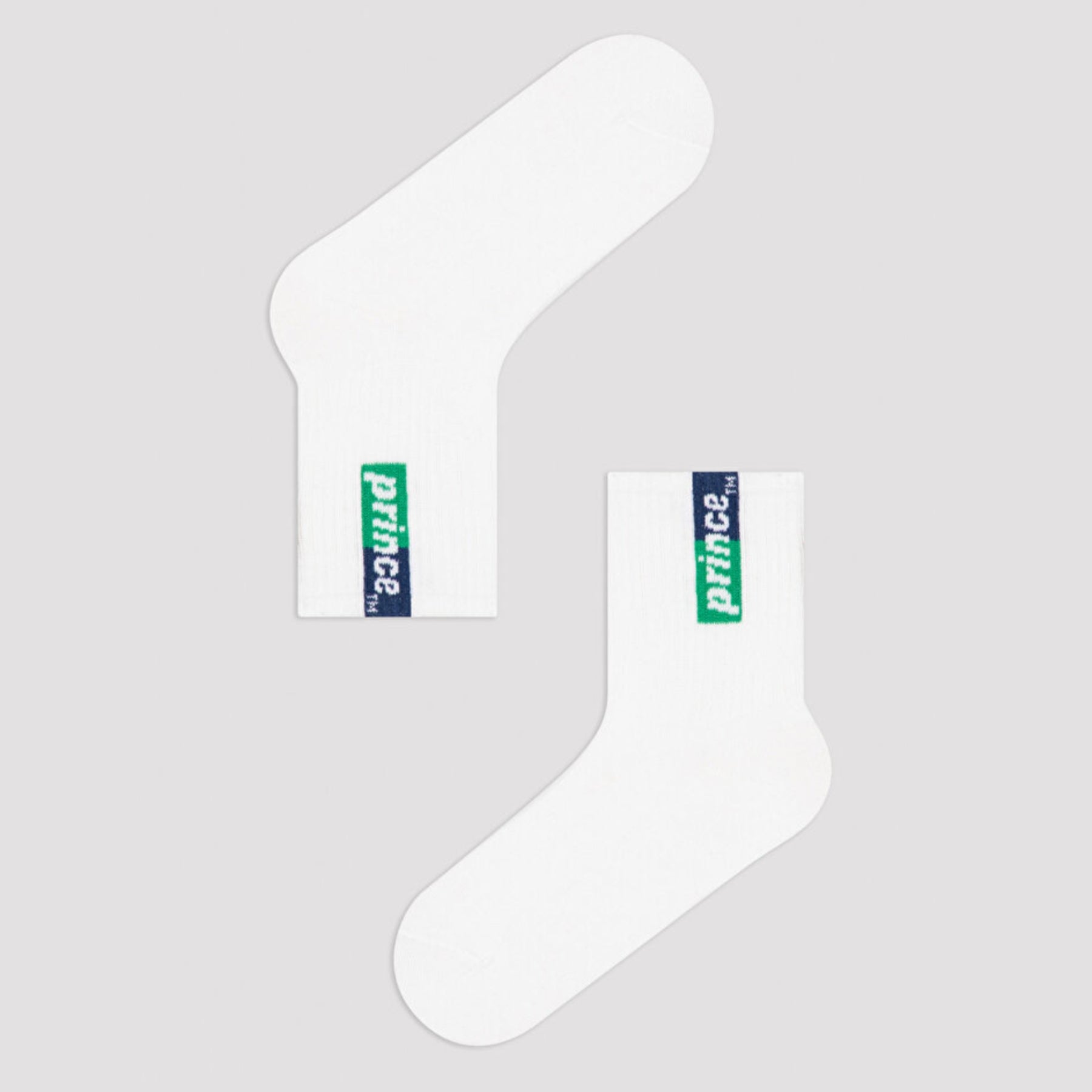 white tennis socks with blue and green Prince label