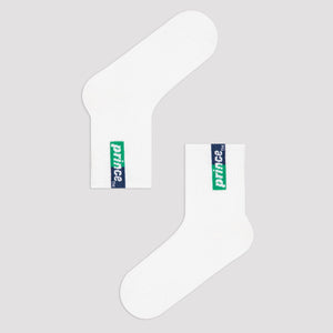 white tennis socks with blue and green Prince label