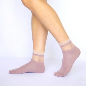 Rose socks with sheer mesh cuff worn by a person on a white background