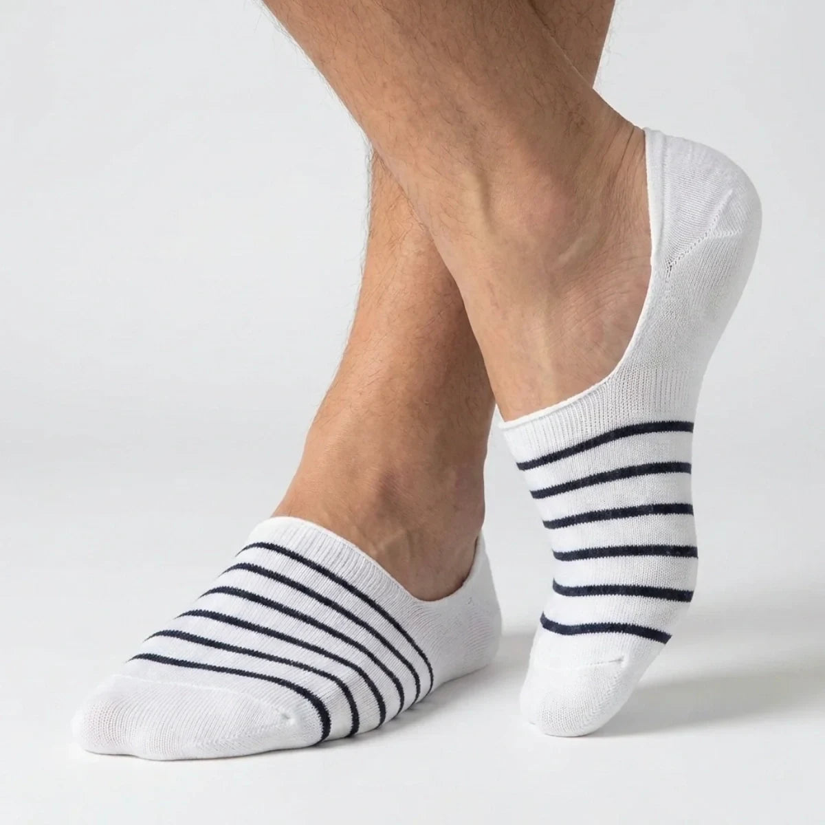 White no show socks with dark stripes on feet, Uniq Socks Australia, OEKO-TEX certified cotton