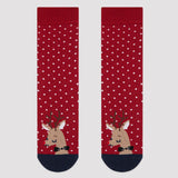 Red socks with white dots and reindeer image