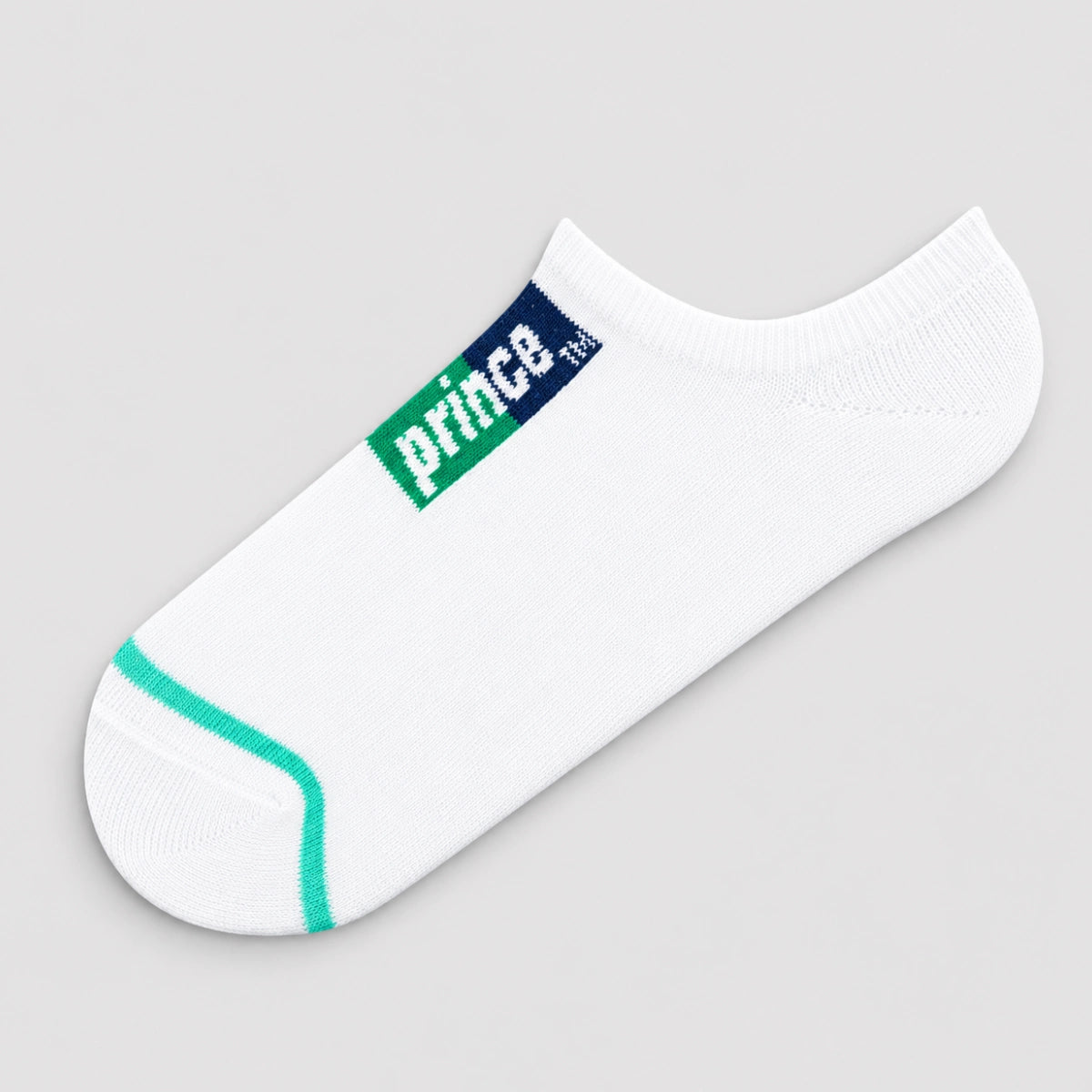 White sneaker sock with 'prince' logo, turquoise trim, premium low-cut design on grey background