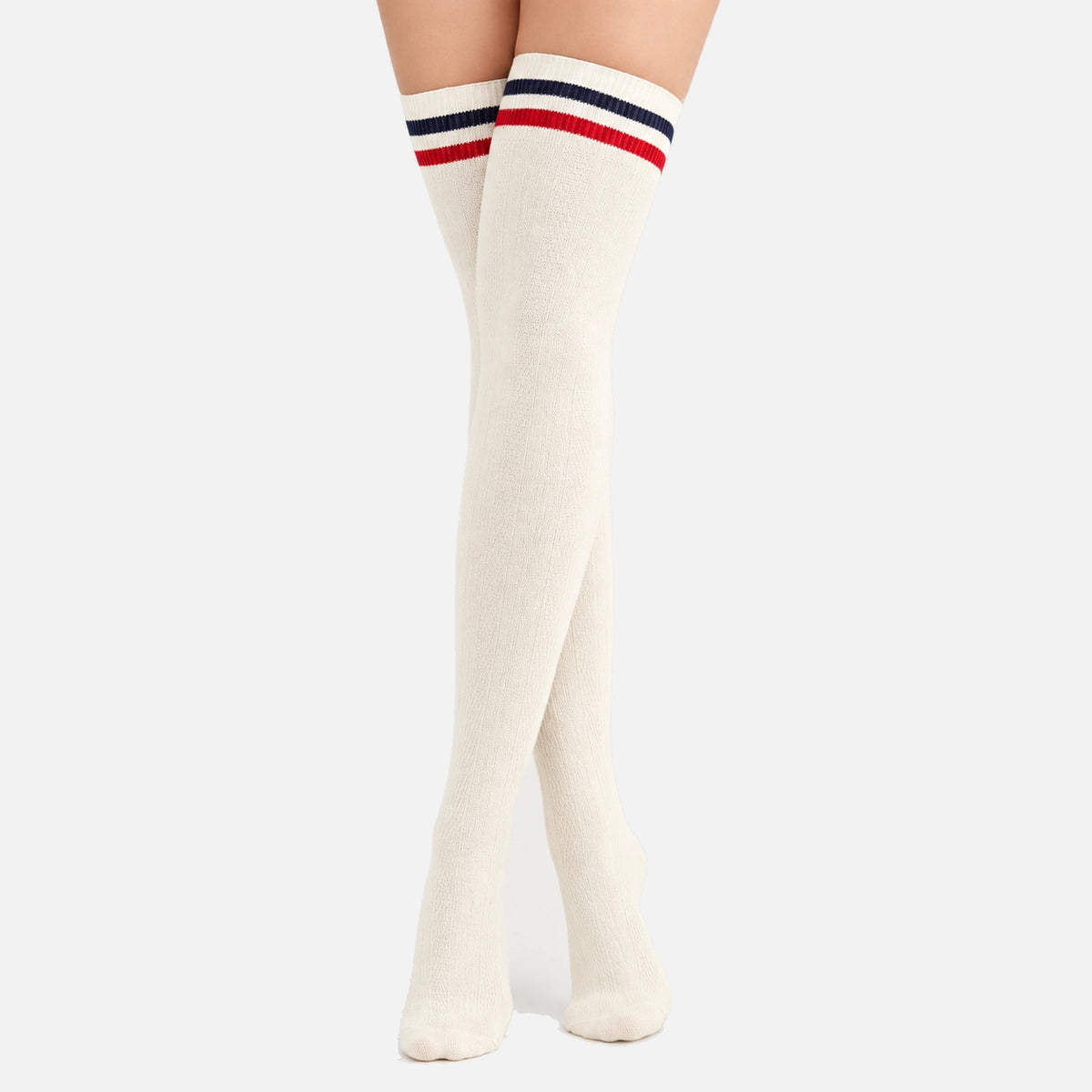 Woman wearing ivory coloured thigh-high socks with a black and a white stripe around the cuff