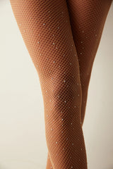 Image of beige mesh fashion tights with sparkling stones