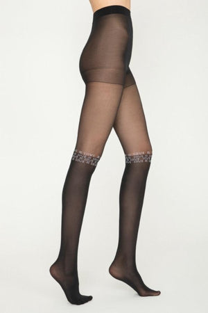 Image of black 30DEN thights with darker knee-height detail and 'Love is Love' print around the knee