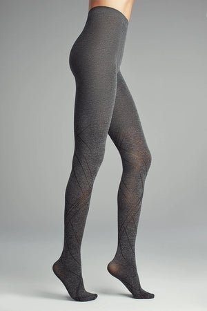 image of woman wearing grey patterned pantyhose