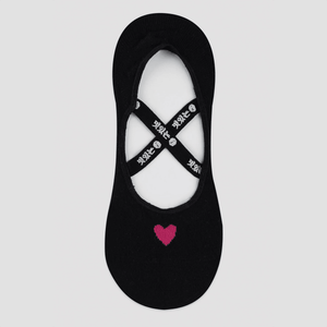 Black ballet-style yoga sock with pink heart detail and elastic cross straps, Uniq Socks Australia