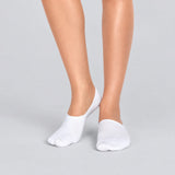 Person wearing seamless white bamboo no-show socks on a white background