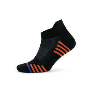 black bamboo athletic socks with orange and blue stripe