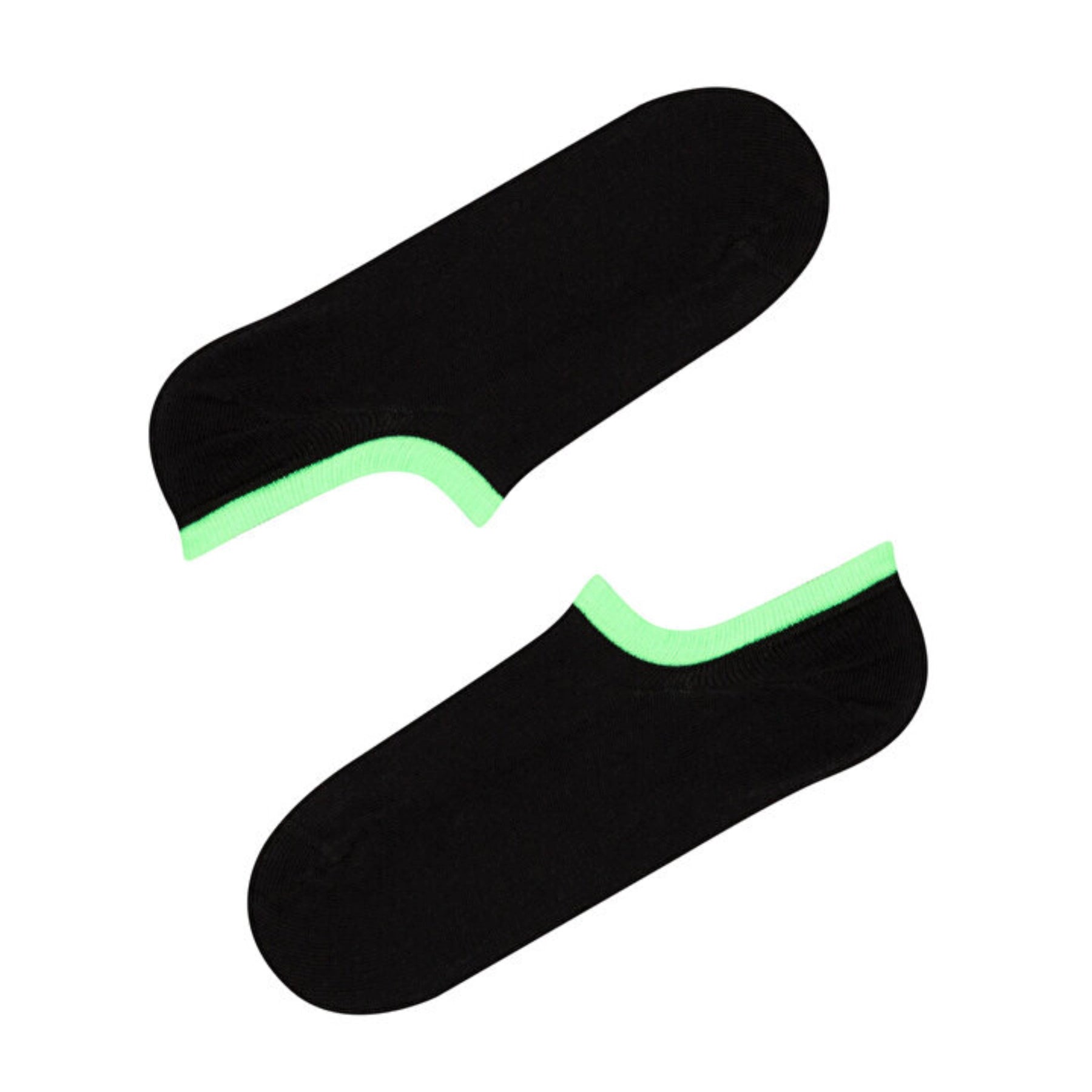 A pair of black no-show seamless socks with a green-colored band.