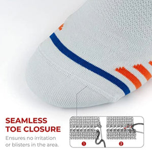 close-up detail of white bamboo athletic socks with orange and blue stripe