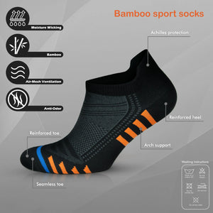 image detailing the features of black bamboo athletic socks with orange and blue stripe