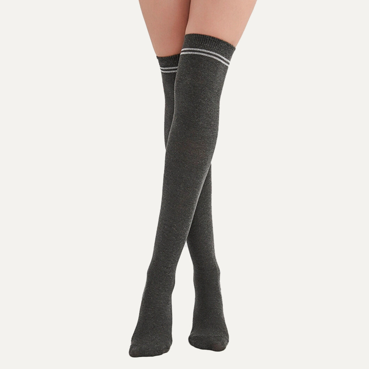 image of woman wearing grey thigh high socks