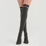 image of woman wearing grey thigh high socks