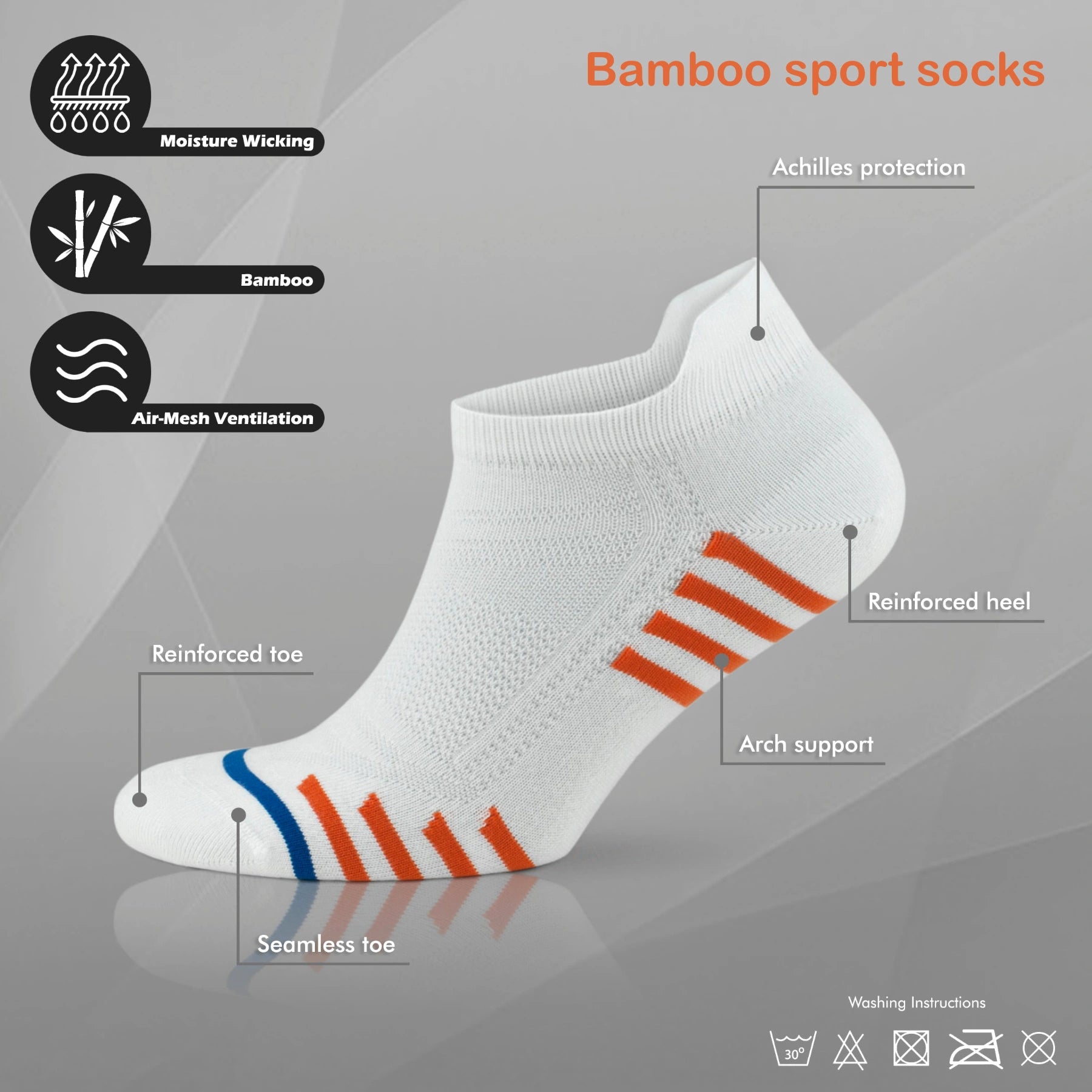 image of white bamboo athletic socks with orange and blue stripe highlighting the features