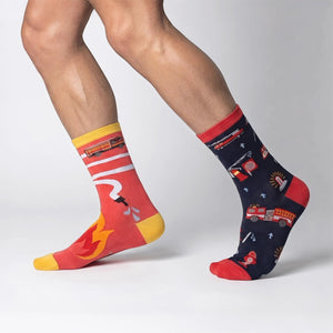Close up of fire truck pattern on premium cotton socks. OEKO-TEX certified safe materials.