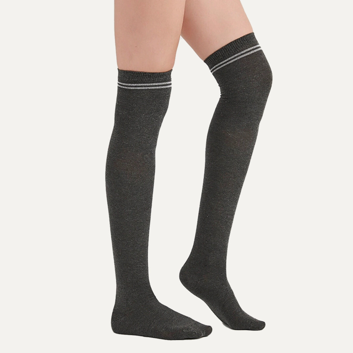 image of woman wearing grey thigh high socks