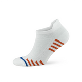 white bamboo athletic socks with orange and blue stripe