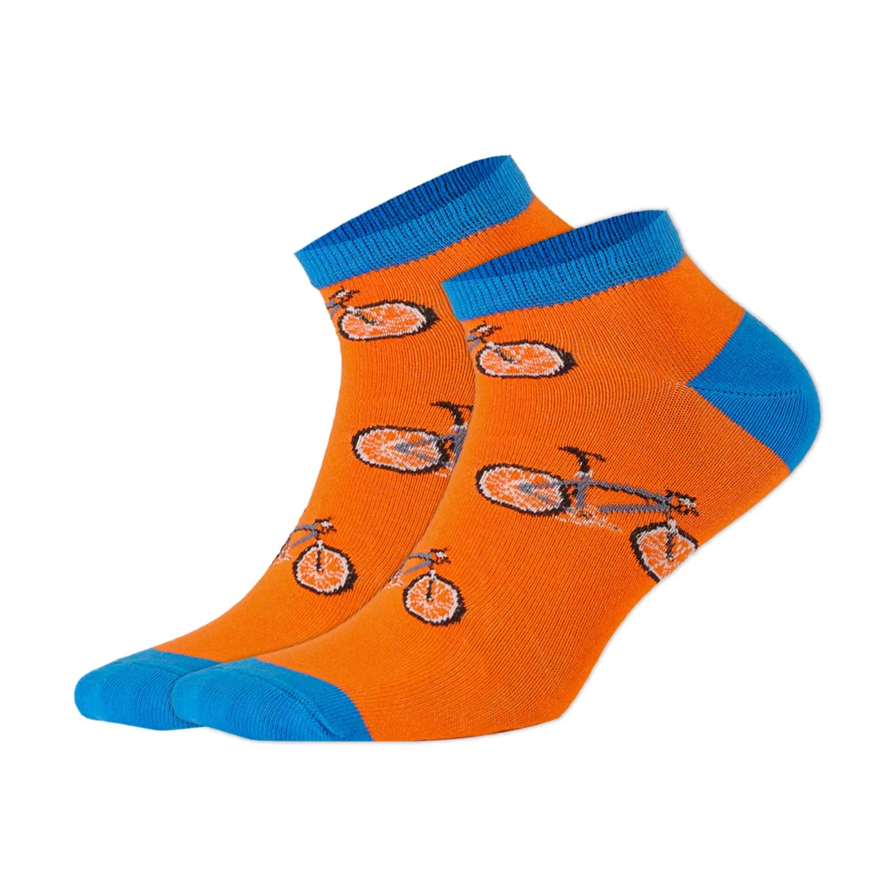 photo of orange and light blue ankle socks with bicycle images