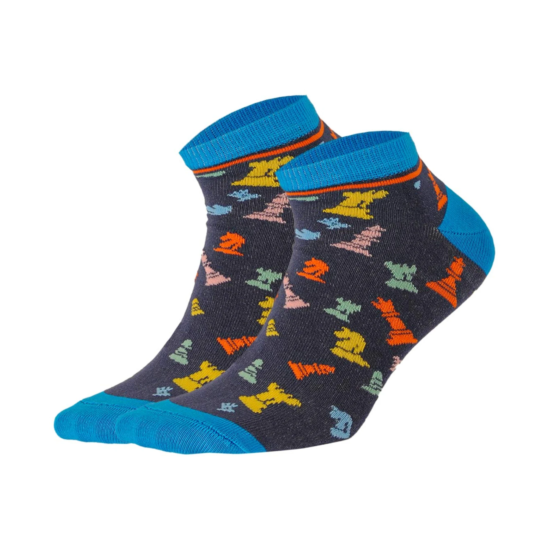 photo of dark blue ankle socks with multicoloured chess images