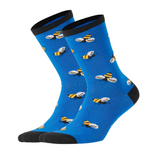 photo of light blue crew socks with honey bee images