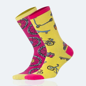 photo of mismatched bicycle-themed crew socks