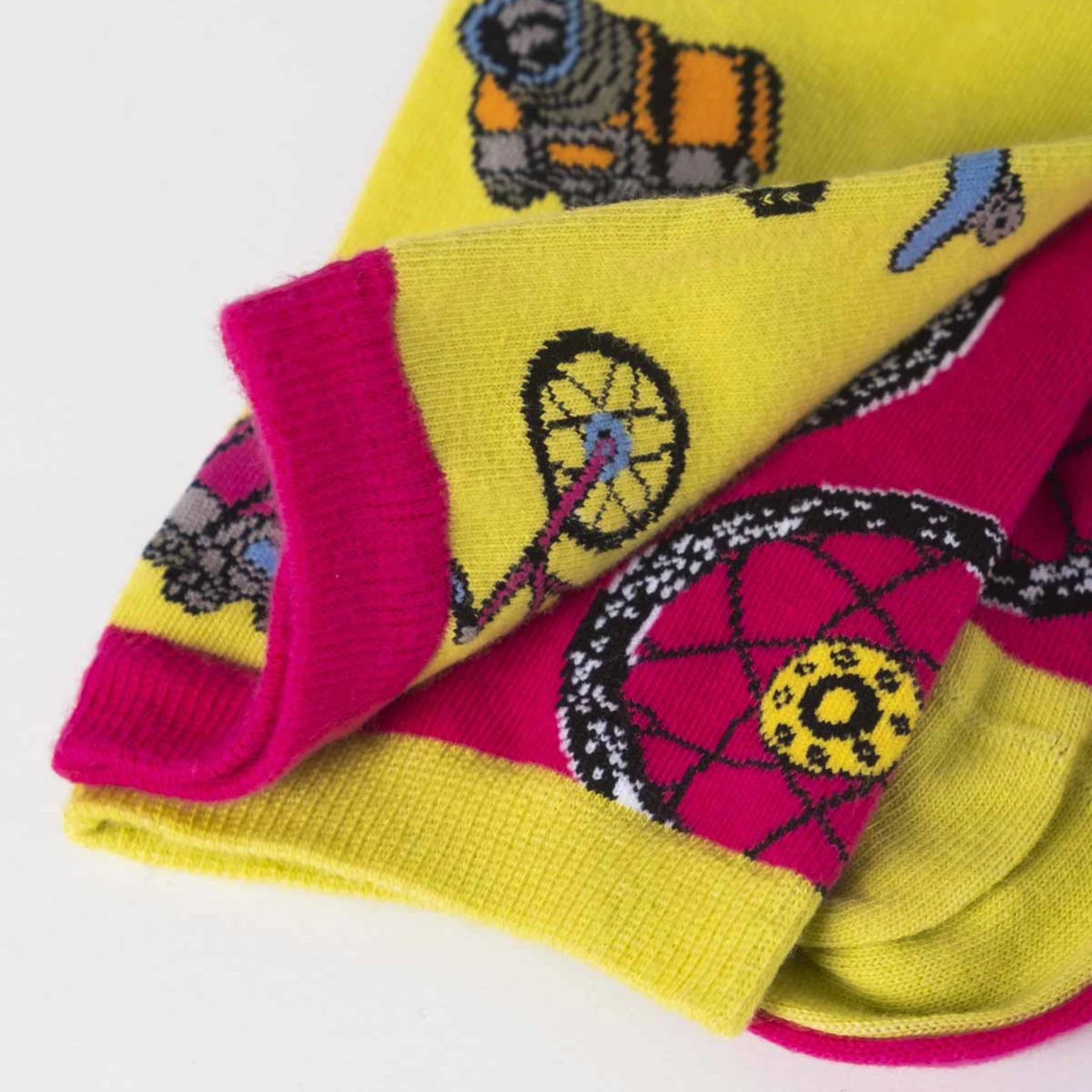 photo of mismatched bicycle-themed crew socks