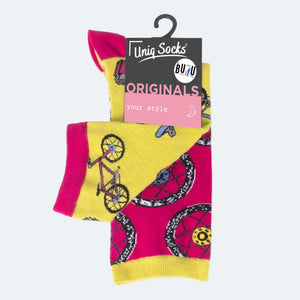 photo of mismatched bicycle-themed crew socks