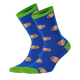 image of light blue crew socks with hamburger detail