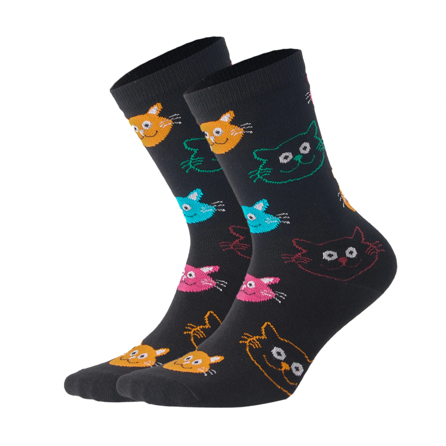 photo of dark blue crew socks with cat-face images