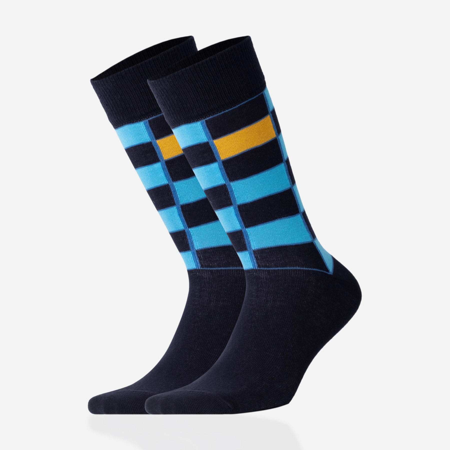 image of light and dark blue checked crew socks