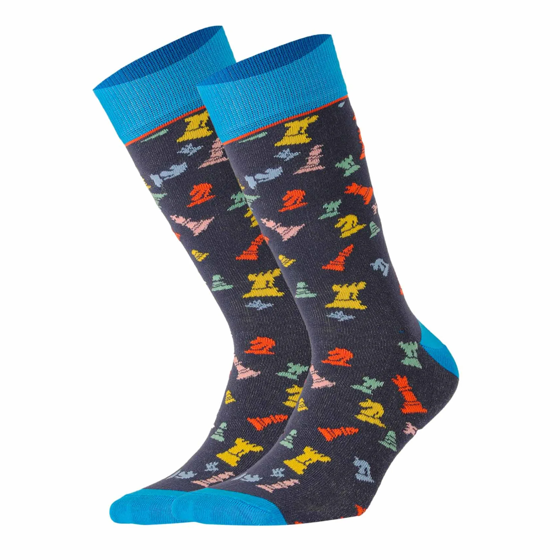 photo of dark blue crew socks with multicoloured chess images