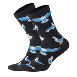 photo of dark blue crew socks with light blue and white dove images