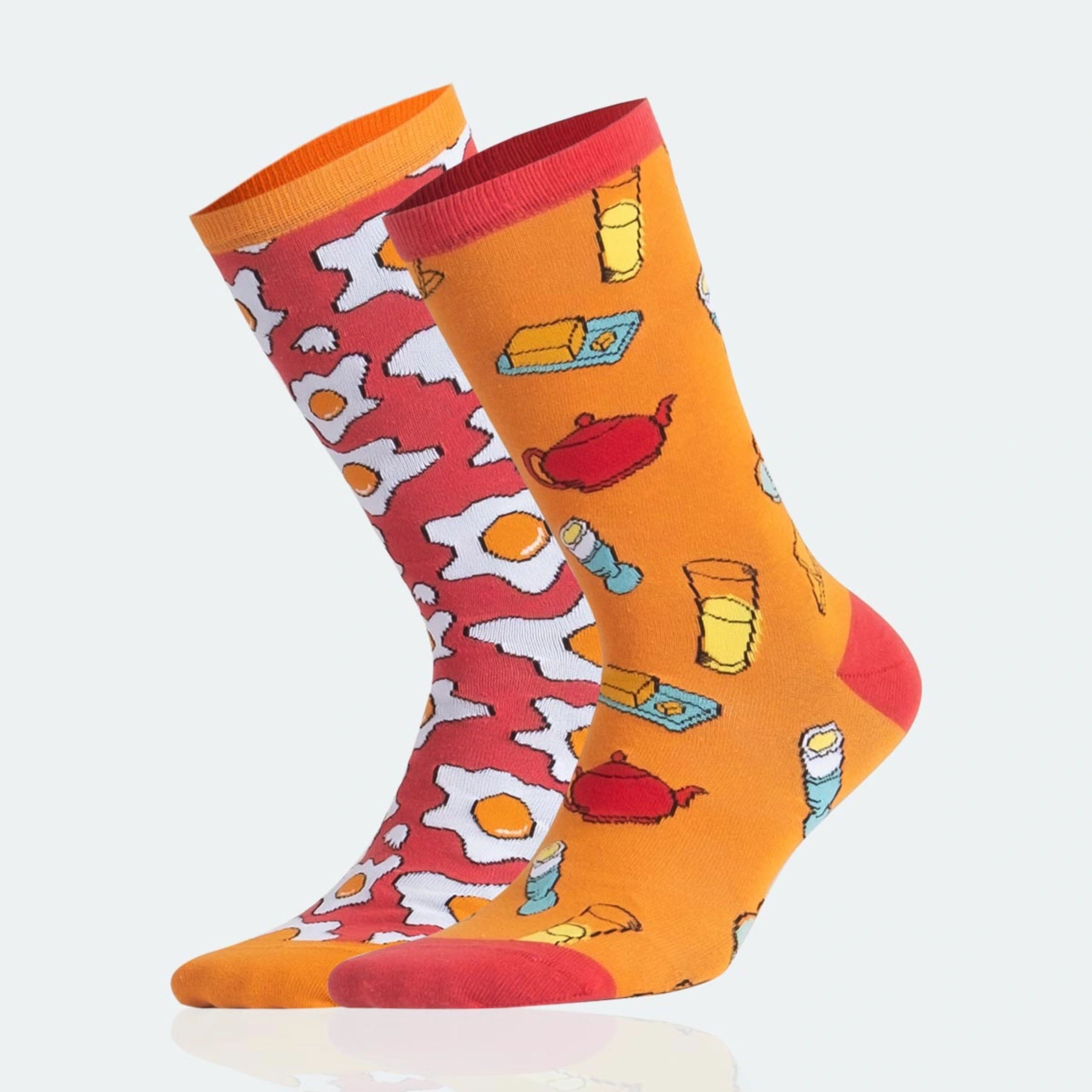 bright orange and white coloured image of breakfast themed crew socks