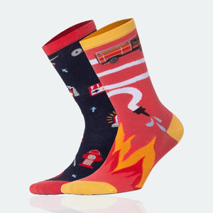 photo of mismatched fire-themed crew socks