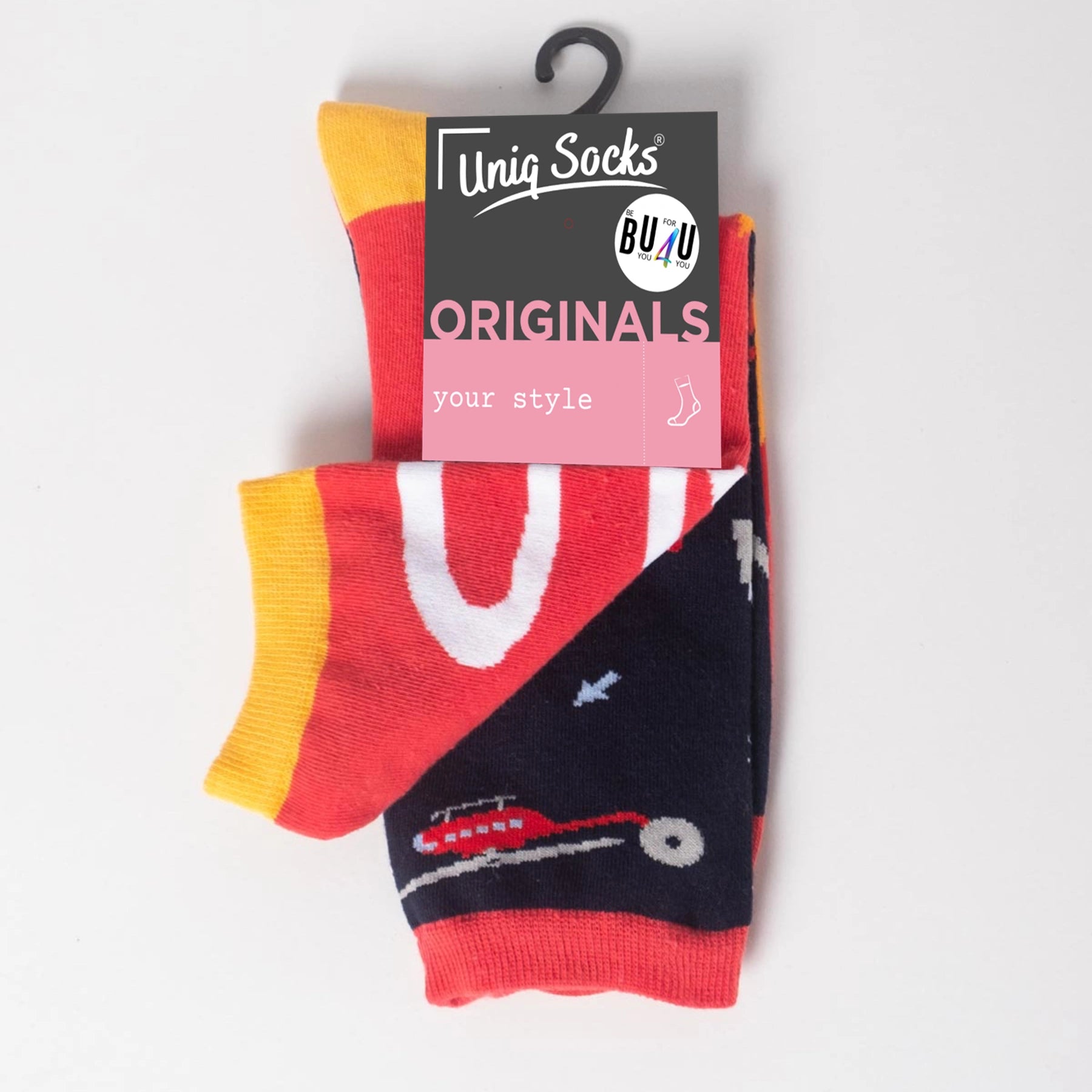 photo of mismatched fire-themed crew socks