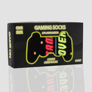 photo of 2 pairs of 'gamer'-themed crew socks in gift box