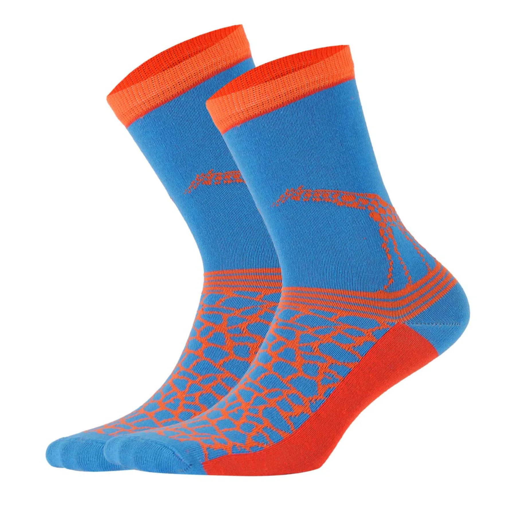 image of light blue crew socks with red giraffe detail