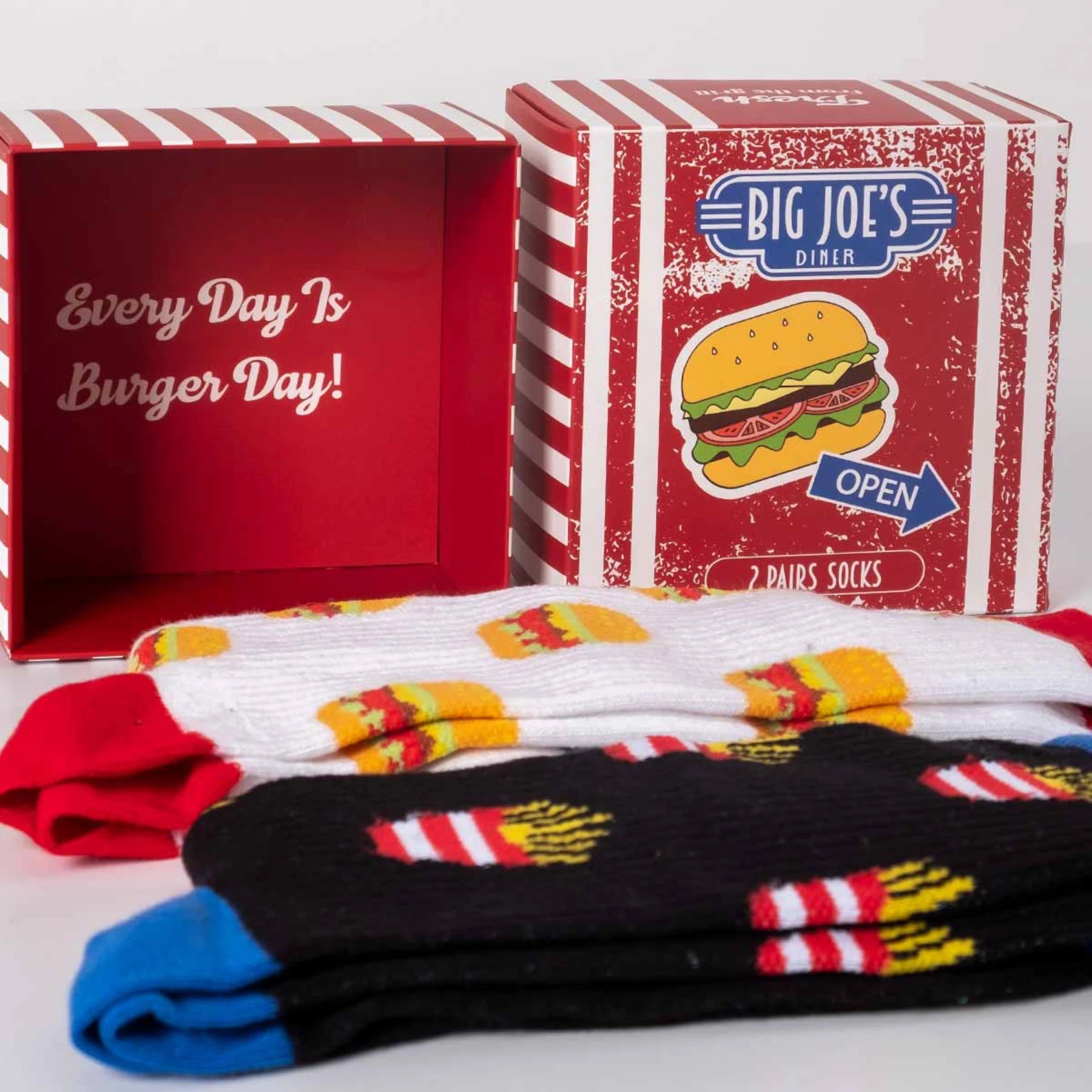 photo of 2 pairs of hamburger-themed crew socks with gift box