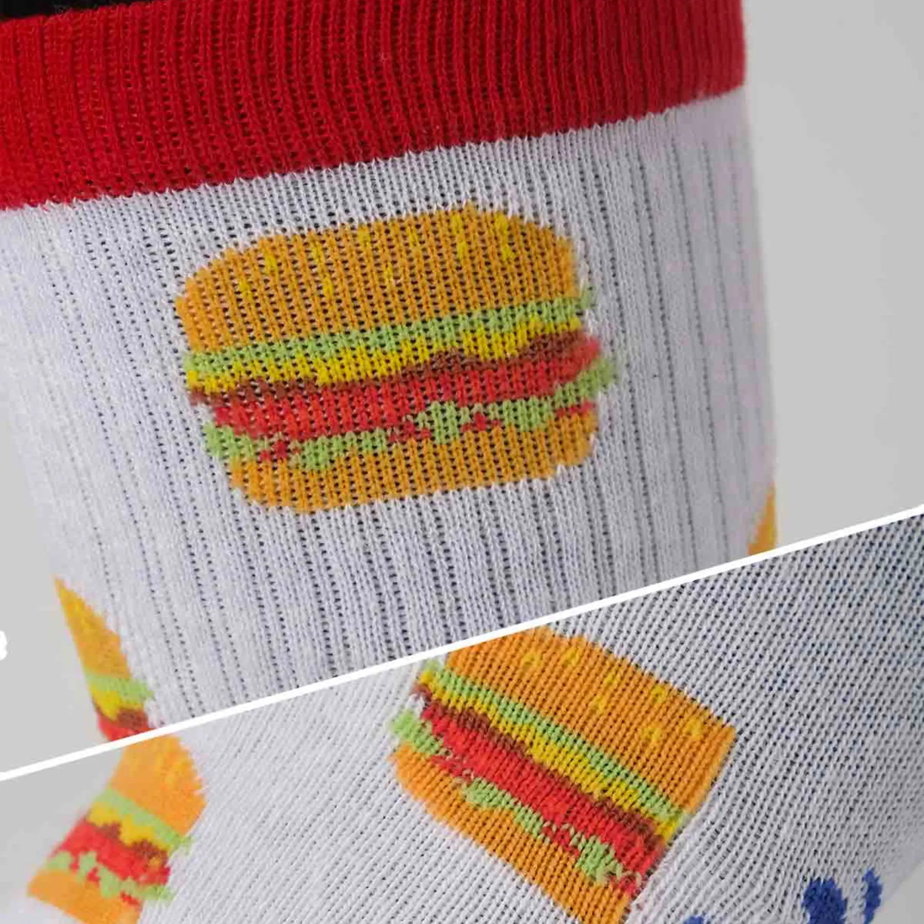 close-up of hamburger-themed crew socks