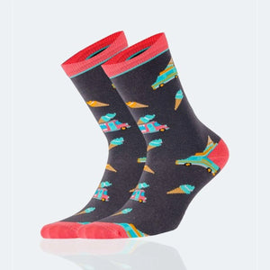 photo of dark coloured crew socks with 'ice cream'-themed images