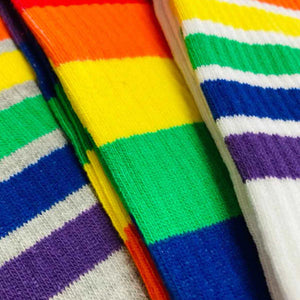 close-up photo of assorted 'love wins'-themed crew socks