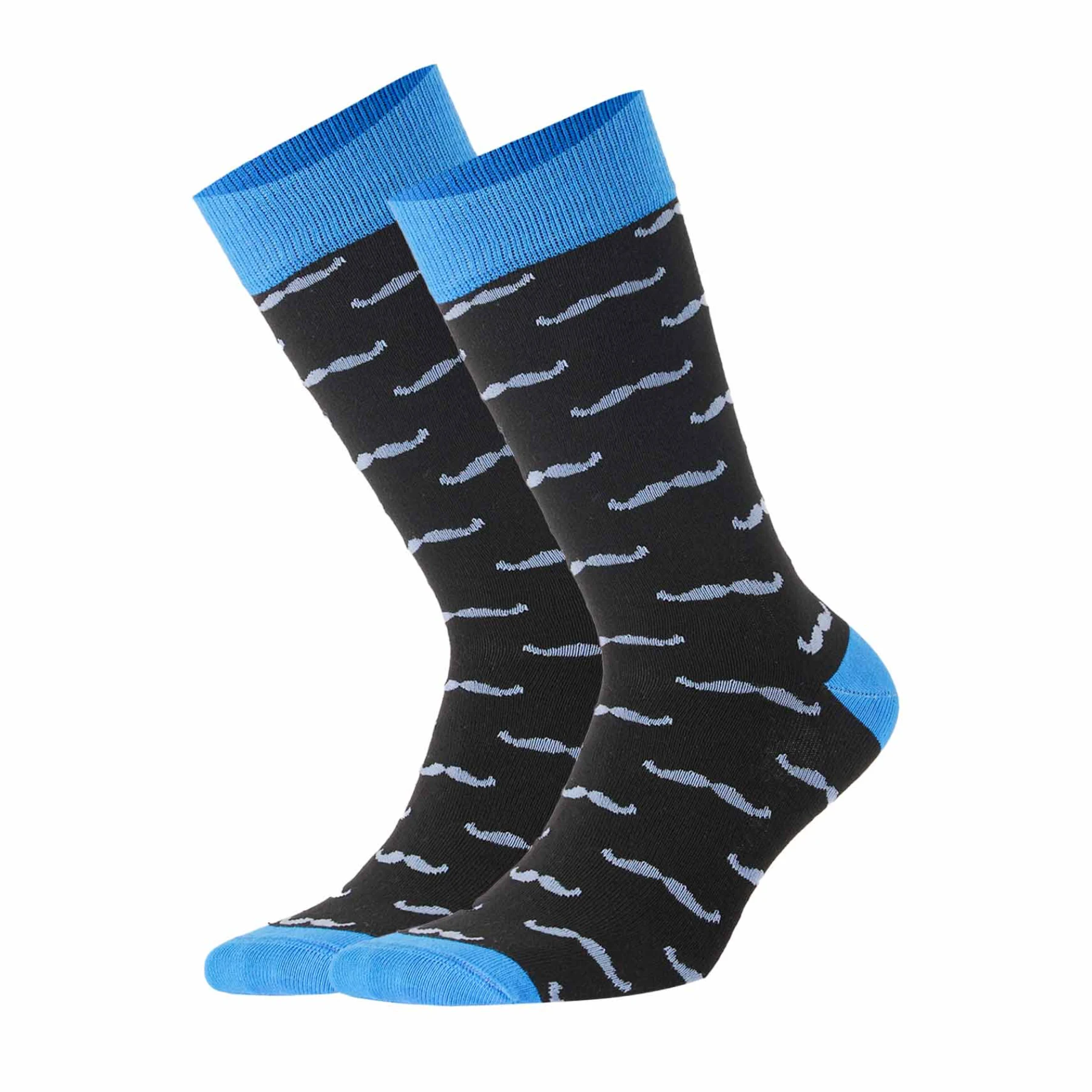 photo of dark blue crew socks with light blue moustache images