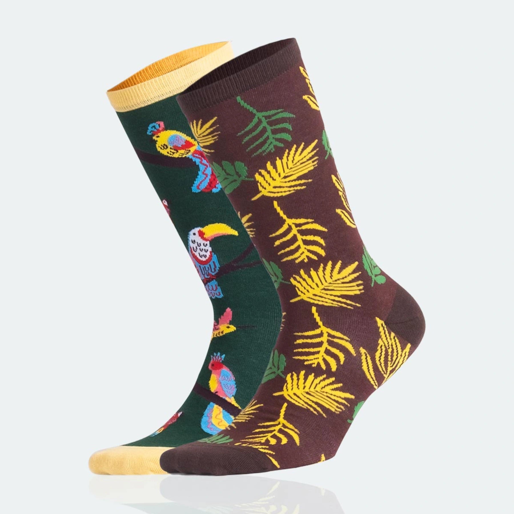 photo of mismatched jungle-themed crew socks